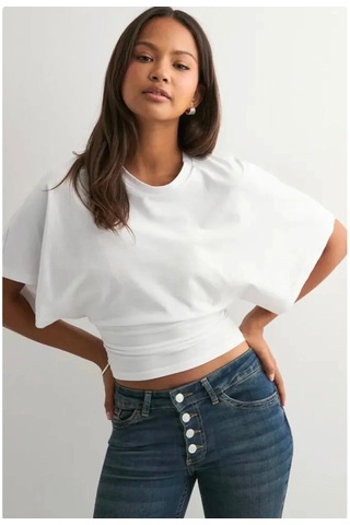 Bozzbozzcollection Yarasa Kollu Beyaz Crop Tişört Kadın