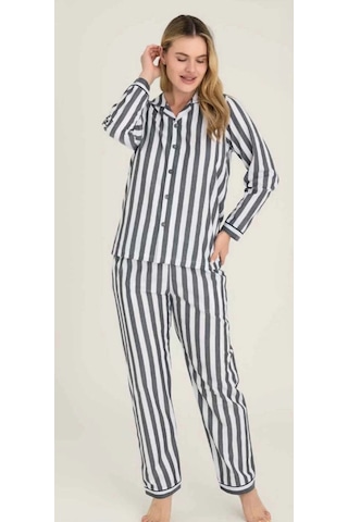 Kocabey 4007 Kadın Uzun Kol Çizgili Gaffuriye Pijama Takımı Antrasit
