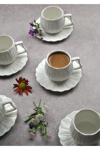 6'lı Porselen Türk Kahve Fincanı Beyaz- 12 Parça