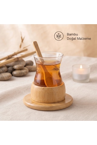 18 Parça Bambu Çay Seti - 6 Çay Bardağı - Borosilikat Cam Renkli