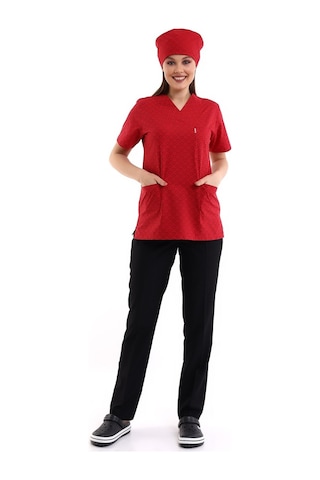 Zarf Yaka Desenli Üst - 5308 Kırmızı Küçük Kalp-6409