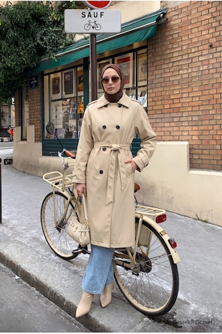 Armine Trend Klasik Yaka Belden Kuşaklı Çift Cepli 101 Cm Boy Koyu Trenckot Bej 26kt728 Koyu Bej