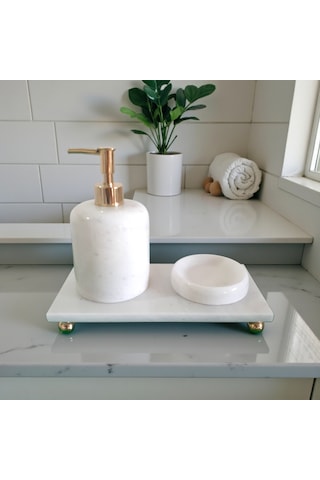 Doğal Mermer Banyo Ve Lavabo Seti 3lü Gold Aksesuarlı Beyaz