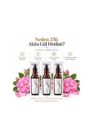 Akita Doğal Yağı Alınmamış Gül Suyu 3 x 250 ML
