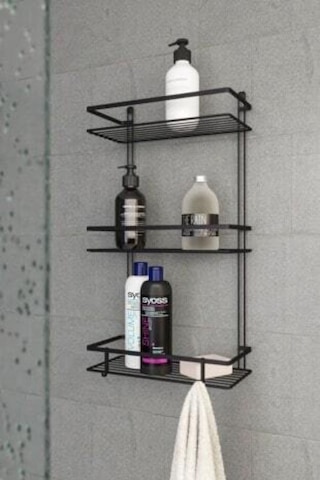 Suntel 3 Katlı Lamalı Düz Banyo Rafı Kancalı Siyah
