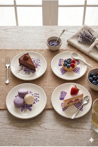 Lila Gift 4 Lü Seramik Tatlı Tabağı 16 Cm Lila Çiçek Desenli Pasta Kahvaltı Sunum Tabak Seti Şık Beyaz