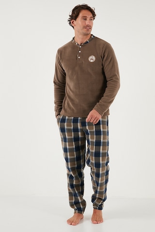 Buratti Ekoseli Regular Fit Düğmeli Bisiklet Yaka Kışlık Polar Erkek Pijama Takımı 60961008 Camel