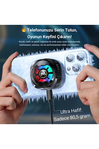 Polham Magsafe Uyumlu Telefon Soğutucu Dijital Isı Göstergeli, Rgb Led Işıklı, Turbo Fanlı 6000 Rpm, Klipsli Tutucu