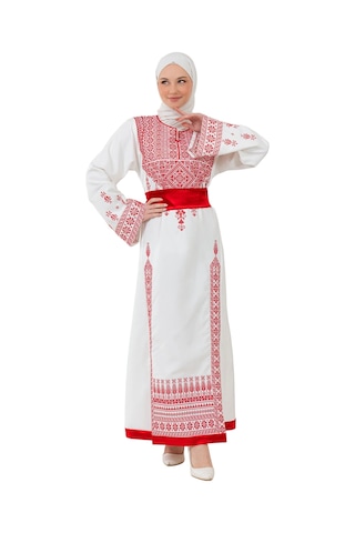 Zaytoon Filistin Nakışlı Modern Beyaz Kaftan Elbise - Geleneksel Şıklık Kırmızı