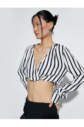 Koton Kapşonlu Crop Bluz V Yaka Siyah Çizgili 4sak60269pw Siyah