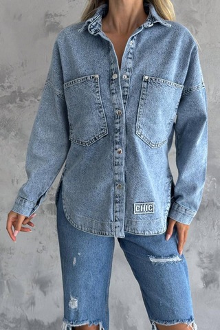 Noa & Noa Kadın Chıc Etiketli Yırtık Denim Gömlek Urban Rebel Mavi