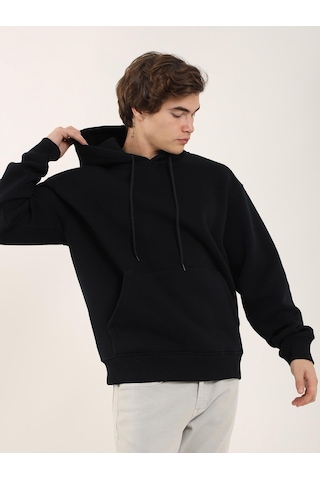 Dufy Erkek Oversize Düz Pamuklu Kapüşonlu Sweatshirt Lacivert - 103722 Lacivert