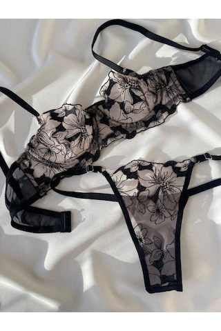 La Linaa Blackrose Kadın Çiçekli Bralet Takım-siyah Siyah