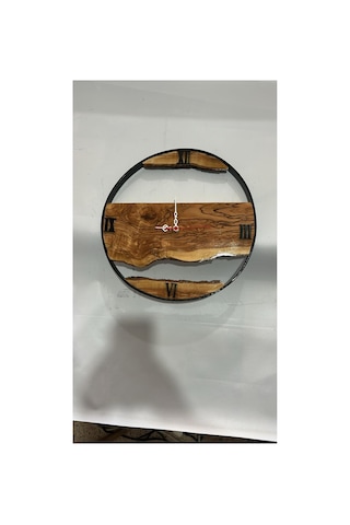 Doğal Zeytin Ağacı Duvar Saati - Siyah Metal Kasnaklı Artizan Tasarım - 38x38 Cm Dekoratif Saat Kahverengi
