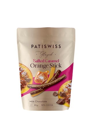 Tuzlu Karamel Parçacıklı Sütlü Çikolata Kaplı Portakal Çubuğu, 80g Tuzlu Karamel Parçacıklı Sütlü Çikolata Kaplı Portakal Çubuğu, 80g