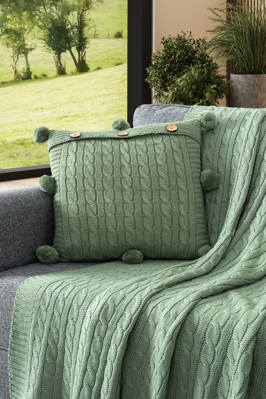 2'li Takım Ponponlu Triko Örme Kırlent Kılıfı & Tv Battaniyesi- Omuz & Koltuk Şalı Seti Mıntyesılı Mint Yeşili