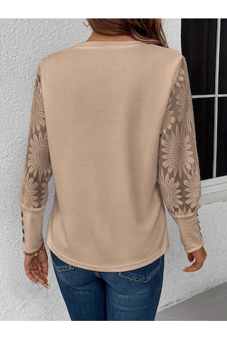 Kadın Bisiklet Yaka Kolları Dantelli Çiçekli Uzun Kollu Wellsoft Bej