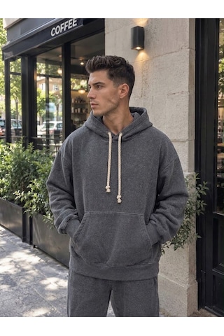 Stormwear Unisex Oversize Polar Sweatshirt Halat Kordonlu Kapüşonlu Cepli Sweat Gri