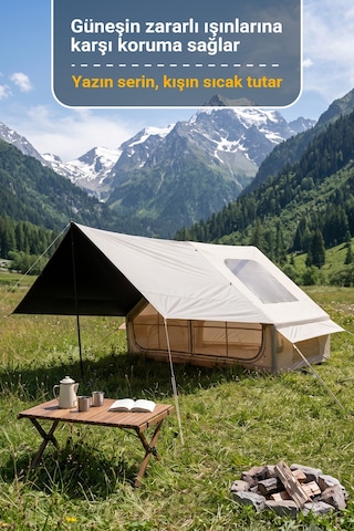 Rovos 6 Kişilik Şişme Kamp Çadırı, 4 Mevsim Su Geçirmez Oxford Kumaş, Tenteli Ve Sineklikli Pencere, Kolay Kurulum Lüks Aile Çadırı 300x210x200 Cm, 6.3 M² Bej