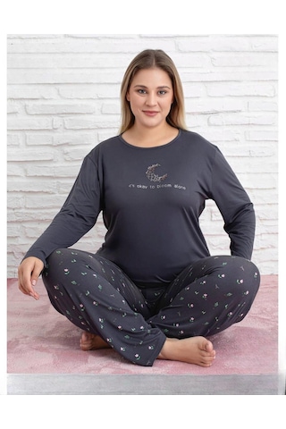 Pijamoni Kadın Milan Büyük Beden Bisiklet Yaka Uzun Kol İnce Pijama Takımı 7666/30 - 1 Adet Füme