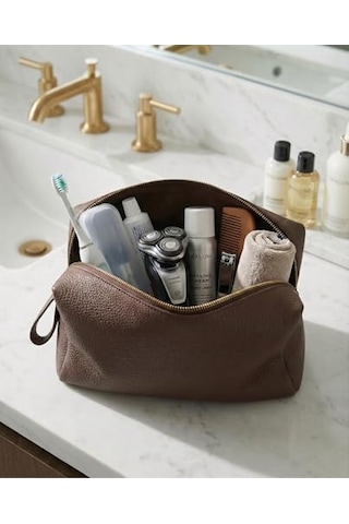 Deri Erkek Bakım Çantası Seyahat Organizeri Tıraş Çantası, Kişisel Bakım Ve Kozmetik Düzenleyici, Fermuarlı Geniş Hacimli Dopp Kit Kahverengi