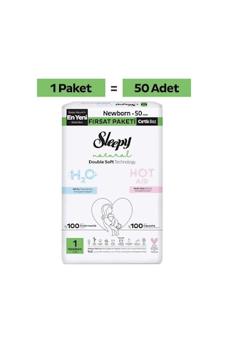 Sleepy Natural Double Soft Ultra Paket Bebek Bezi 1 Numara Newborn 50 Adet