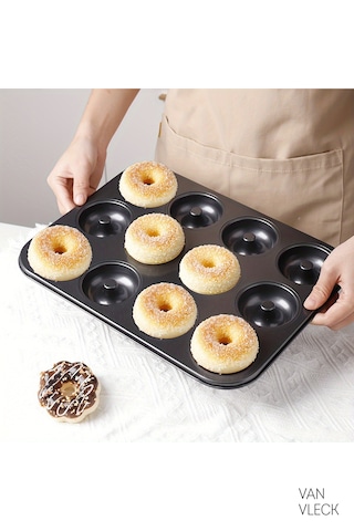 Teflon Donut Kalıbı Dayanıklı, Yapışmaz Ve Pratik Pişirme Kalıbı 12 Bölmeli Antrasit