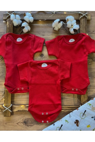 Betül Bebek Kısa Kollu 3'lü %100 Organik Pamuk Çıtçıtlı Bebek Body & Zıbın 3adet Kırmızı