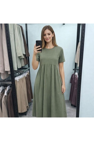 Esra Butik78 Rahat Kalıp Penye Elbise Kısa Kollu 130 Cm Uzun Günlük Basic Kadın Elbise Yeşil
