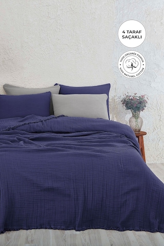 %100 Pamuk Çift Kişilik Müslin Yatak Örtüsü 4 Katlı Yumuşak Battaniye Müslin Pike Takımı 3 Parça Lacivert Lacivert