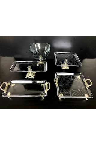 Alfafe Home 5 Parça Gümüş Döküm Ayaklı Sunumluk Set Pasta Kurabiye Tatlı Servis Tabağı Gümüş
