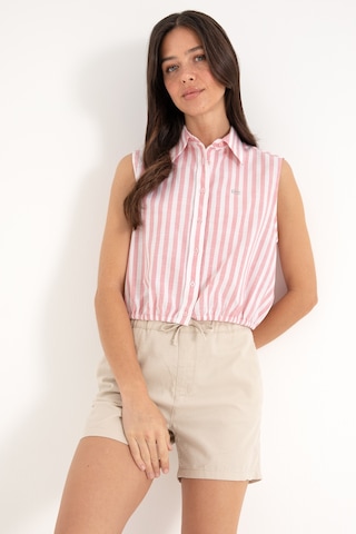 U.S. Polo Assn. Kadın Pembe Çizgili Kısa Kollu Gömlek 50306475-VR041