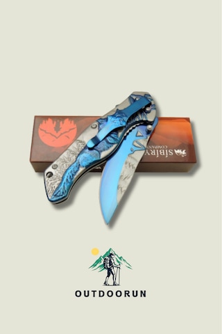 Mavi Bozkurt Kabartmalı Kamp Çakı - 20,5 Cm Mavi