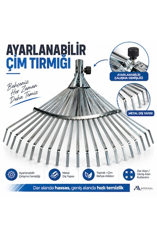 Ayarlanabilir Metal Çim Yaprak Toplama Tırmığı 22 Diş 30-45 Cm Yelpaze Bahçe Tırmığı