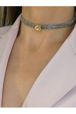 Kordon Zincir Örme Kristal Taşlı El Yapımı Choker Tasma Sarı Silver Renk Kolye