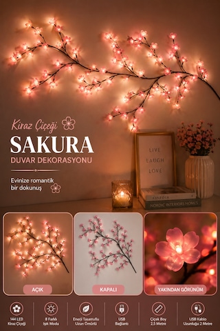Kiraz Çiçeği Sakura Led Duvar Dekoru 144 Led Ağaç Dalı Işık, 8 Mod, Kumandalı Pembe