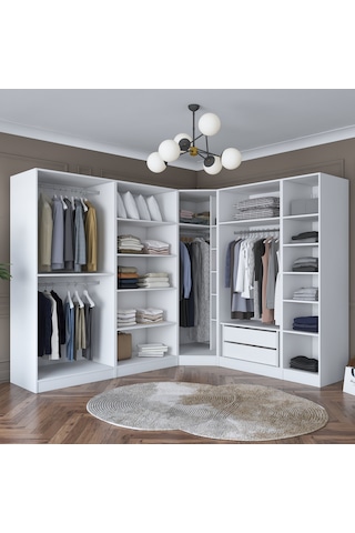Rani Ba151 Geniş Köşe Gardırop Elbise Dolabı 8 Kapaklı 2 Çekmeceli 18 Raflı 4 Askılı Modüler Dolap Beyaz