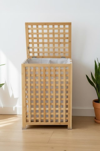 Digithome Bambu Bölmeli Çamaşır Sepeti 62x45 Cm Kulplu Taşınabilir Bezli Kahverengi