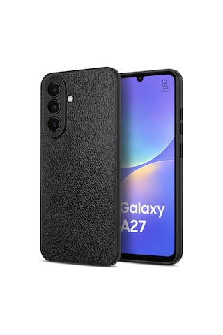 Samsung Galaxy A27 Uyumlu Deri Dokulu Silikon Telefon Kılıfı Ve Şeffaf Temperli Cam Ekran Koruyucu Siyah