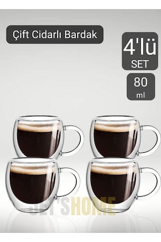 4 Lü Set Kulplu Espresso Bardağı Doppio Ristretto Bardağı Çift Cidarlı Türk Kahvesi Bardak 80 Ml Şeffaf