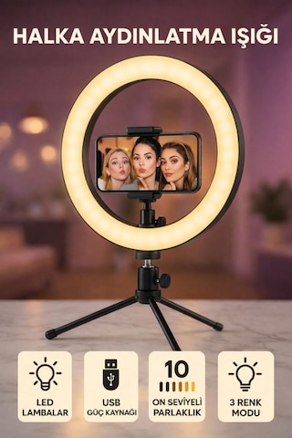 Tripodlu Led Ring Light Halka Aydınlatma Telefon Tutuculu, 3 Renk Modu, 10 Seviye Parlaklık