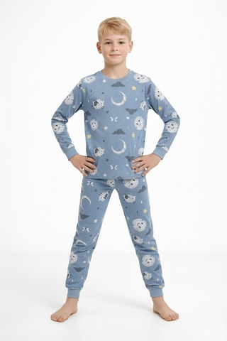 Bunny Hopp Uyku Temalı Pamuklu Erkek Çocuk Pijama Takımı - Mavi Kuzulu Desenli Takım 8 - 9 Yaş