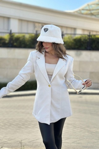 Kadın Beyaz Astarlı, Tek Düğme, Vucüda Oturan Kalıp, Fitilli Kaşe Kumaş Blazer Ceket Beyaz