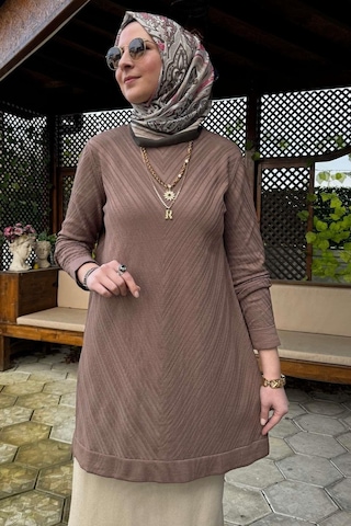 Rabia Şamlı Damla Triko Tunik Sütlü Kahve Çok Renkli