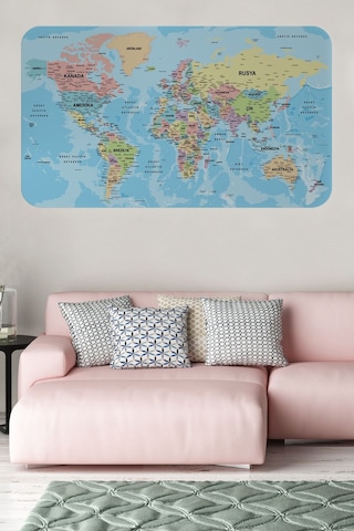 Türkçe Eğitici Ülke Ve Başkent Okyanus Detaylı Atlası Dünya Haritası Duvar Sticker -85x130-3869 Çok Renkli