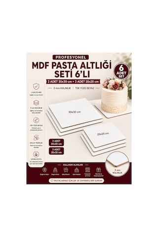 Profesyonel Mdf Pasta Altlığı Seti 6'lı 3 Adet 30x30 Cm + 3 Adet 25x25 Cm 3 Mm Tek Yüzü Beyaz Premium Pasta Sunum Altlığı Beyaz / Kahverengi