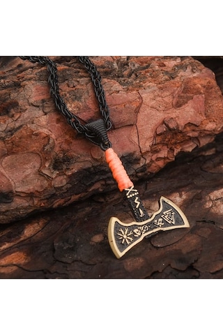 Viking Çift Taraflı Balta Turuncu İpli Erkek Kolye Çelik