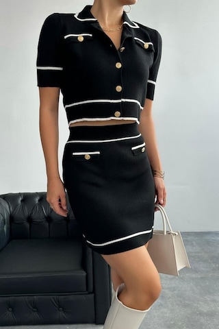 Kısa Triko Etekli Takım - Siyah-krem Siyah - Krem