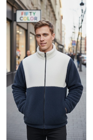 Premium Kalite Renk Bloklu, Fermuarlı, Dik Yaka, Sherpa, Polar, Peluş Ceket Lacivert - Beyaz