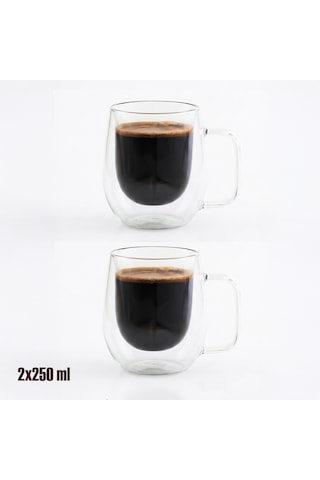 Porsima Pbt-323 Çift Cidarlı 2li Cam Kupa Çay Kahve Kupası Isı Yalıtımlı Kulplu Cam Bardak Seti 250 Ml Cam - Şeffaf